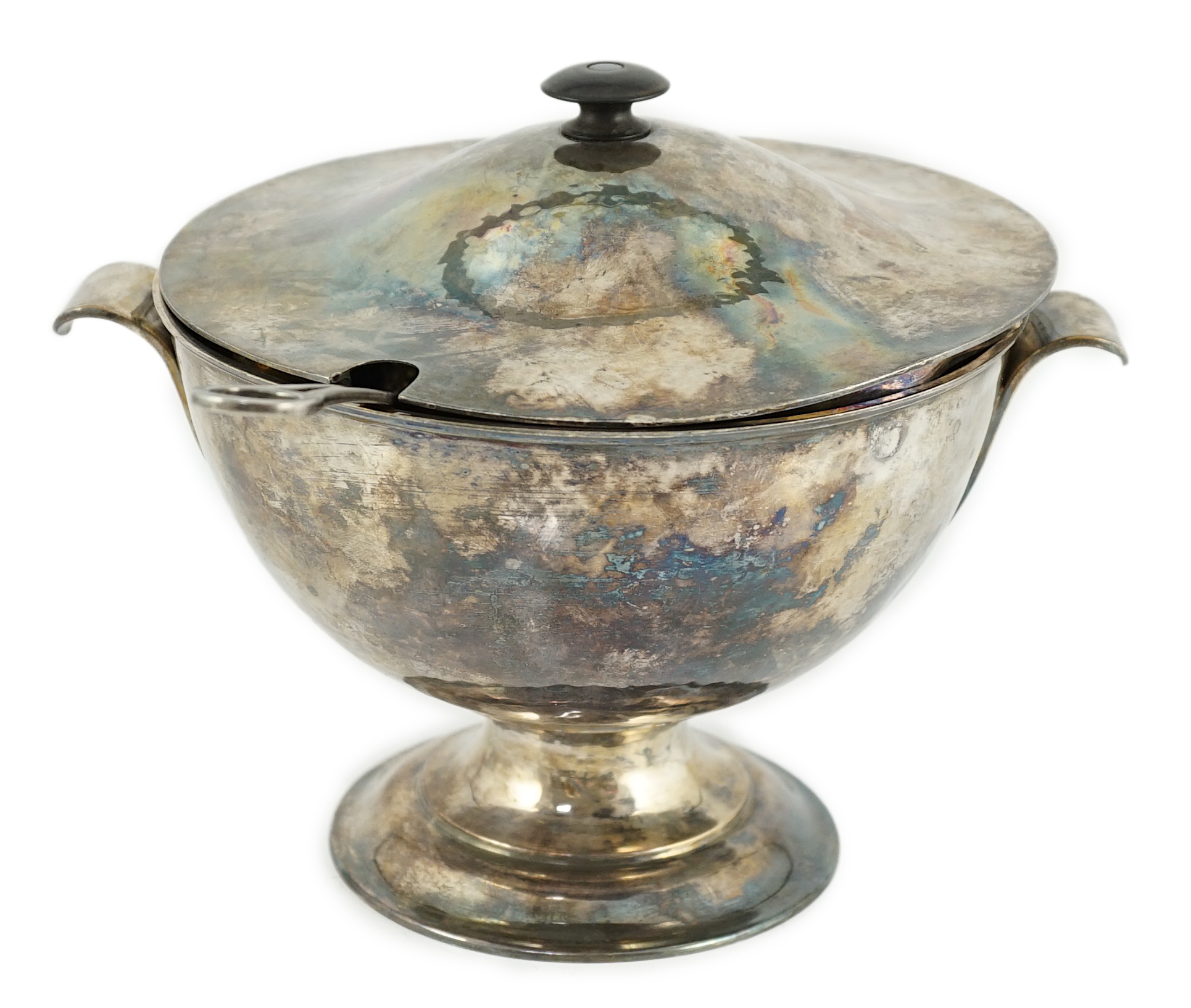 A late 19th/early 20th century Arts & Crafts silver plated pedestal soup tureen with cover and ladle, by The Birmingham Guild of Handicrafts